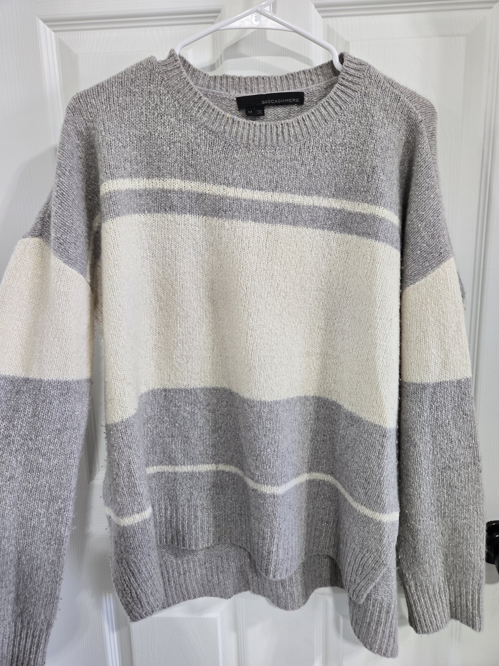 100% Cashmere Brooks Brothers Gray & Cream Striped Crewneck Sweater-Medium